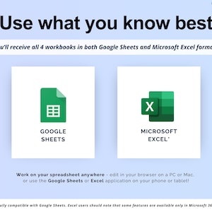 Puede incluir: Imagen promocional de libros de trabajo compatibles con Google Sheets y Microsoft Excel. El texto dice "Usa lo que mejor sabes". Incluye logotipos de Google Sheets y Microsoft Excel. El texto tambi&eacute;n menciona la compatibilidad con PC, Mac y dispositivos m&oacute;viles.