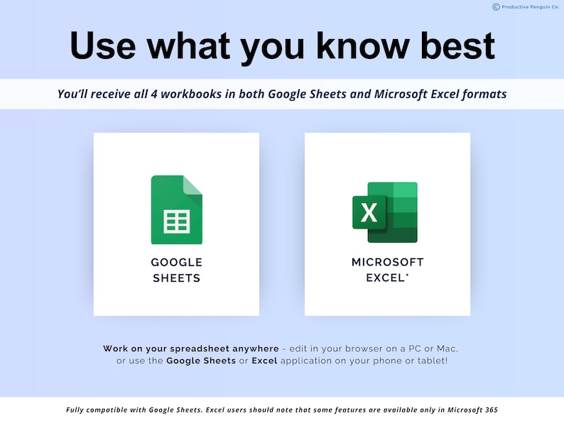 Puede incluir: Imagen promocional de libros de trabajo compatibles con Google Sheets y Microsoft Excel. El texto dice "Usa lo que mejor sabes". Incluye logotipos de Google Sheets y Microsoft Excel. El texto tambi&eacute;n menciona la compatibilidad con PC, Mac y dispositivos m&oacute;viles.