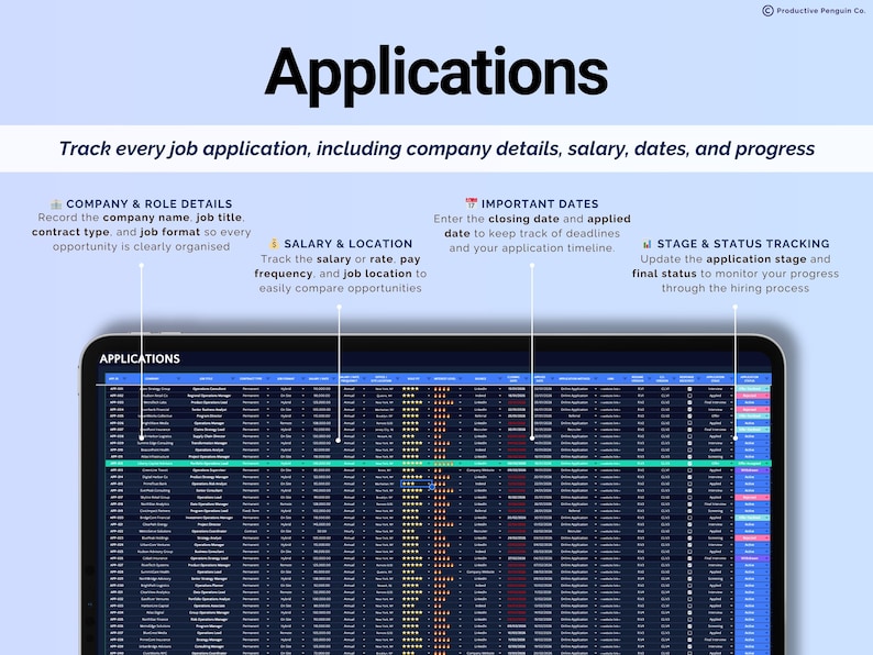 May include: A digital tablet displays a spreadsheet titled "Applications." The screen shows a detailed job application tracker, including company details, salary, dates, and progress. Text highlights key features like company details, salary, and application stage tracking.