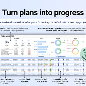 Puede incluir: Interfaz digital de gesti&oacute;n de tareas con el texto &laquo;Convierte los planes en progreso&raquo;. La interfaz muestra indicadores clave de rendimiento en tiempo real, gr&aacute;ficos automatizados y listas de tareas. Incluye categor&iacute;as personalizadas, asignaci&oacute;n de tareas y filtros.
