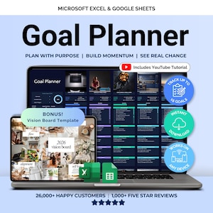 Goal Planner Spreadsheet Google Sheets Goal Tracker Excel SMART Goal Setting Template Digital Annual Vision Board ADHD New Years Resolutions