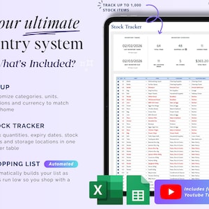 May include: A digital pantry system displayed on a tablet. The screen shows a spreadsheet with inventory details, including dates, quantities, and locations. The image includes text that says "Your ultimate pantry system" and "Stock Tracker".