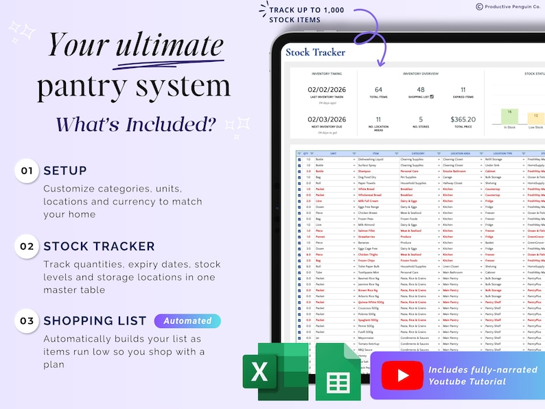 May include: A digital pantry system displayed on a tablet. The screen shows a spreadsheet with inventory details, including dates, quantities, and locations. The image includes text that says "Your ultimate pantry system" and "Stock Tracker".