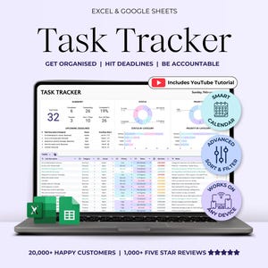 Task Tracker Spreadsheet Template, Task Management Google Sheets, To-Do List Productivity Organizer, Time Planner, Daily Weekly Monthly Plan