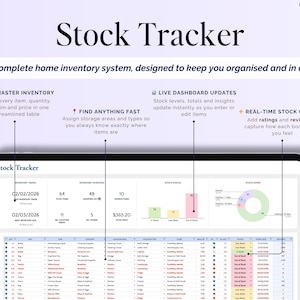 May include: A digital tablet shows the "Stock Tracker" home inventory system. The interface displays inventory details, including dates, quantities, and prices. Features include a master inventory, live dashboard updates, and real-time stock control.