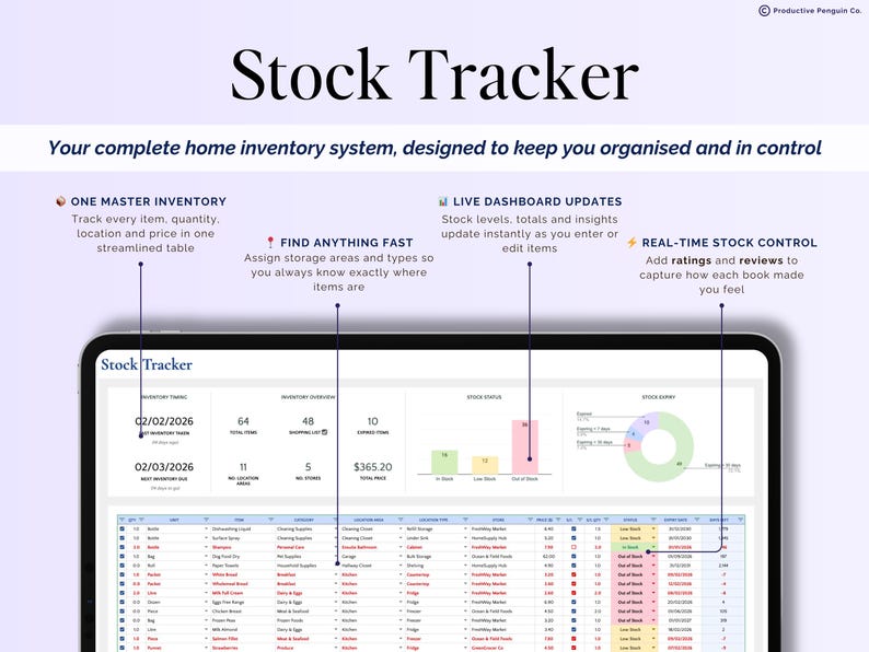 May include: A digital tablet shows the "Stock Tracker" home inventory system. The interface displays inventory details, including dates, quantities, and prices. Features include a master inventory, live dashboard updates, and real-time stock control.