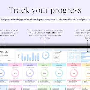 May include: A digital weekly planner with the text "Track your progress." The planner displays daily progress metrics, goals, and habit tracking. The screen shows a pastel color scheme with the text "Weekly Planner."