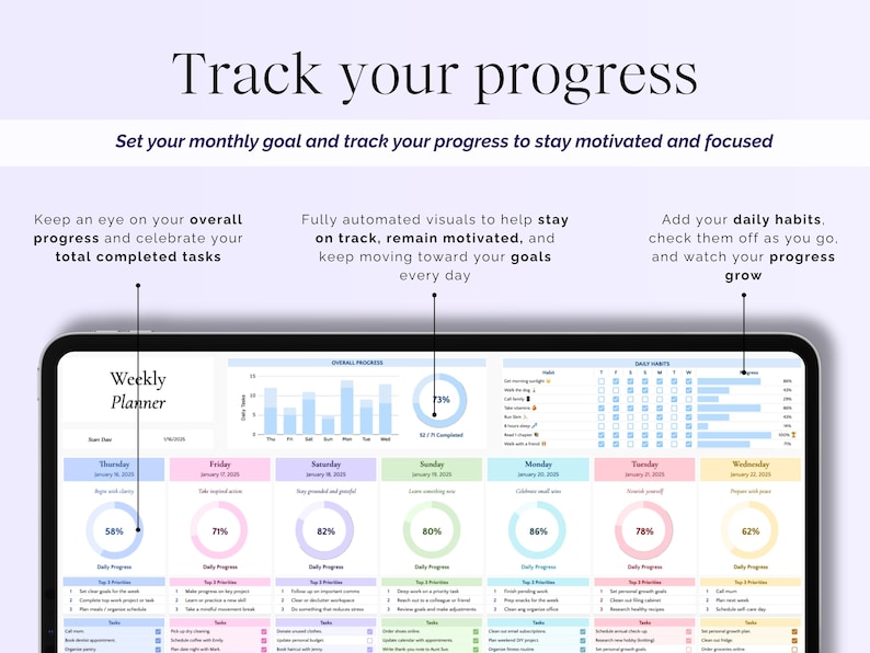 May include: A digital weekly planner with the text "Track your progress." The planner displays daily progress metrics, goals, and habit tracking. The screen shows a pastel color scheme with the text "Weekly Planner."