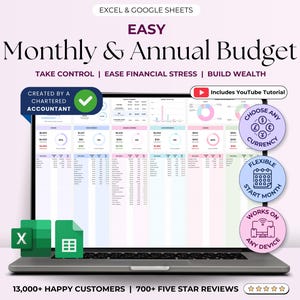 2025 Jährlicher & monatlicher Budgetplaner Tabelle Vorlage, digitaler Haushaltsplaner Google Sheets Excel, Jährlicher Gehaltscheck-Tracker