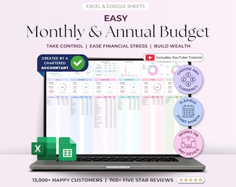 May include: A laptop screen displaying a colorful spreadsheet with the text "Monthly & Annual Budget" and "EASY" in large font. The spreadsheet is designed to help users track their finances. The image also includes the text "CREATED BY A CHARTERED ACCOUNTANT" and "Includes YouTube Tutorial".