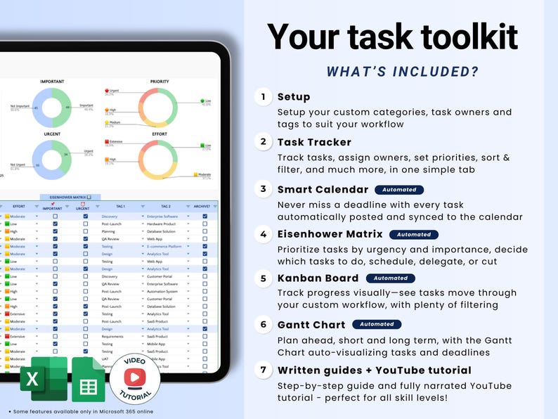 Puede incluir: Un kit de herramientas digital de gesti&oacute;n de tareas que se muestra en una tableta. La pantalla muestra gr&aacute;ficos y una hoja de c&aacute;lculo. El texto incluye "Your task toolkit" y funciones como "Task Tracker" y "Smart Calendar". Incluye un icono de tutorial en v&iacute;deo.