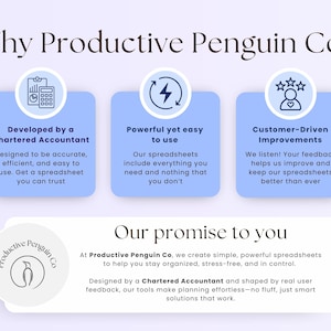 Peut inclure: Une illustration bleue et blanche d'un pingouin avec le texte "Productive Penguin Co." Le texte "Why Productive Penguin Co?" est en haut de l'image. Trois cases bleues avec du texte blanc et des ic&ocirc;nes d&eacute;crivent les avantages de l'utilisation des services de l'entreprise. Le texte "Our promise to you" est en bas de l'image avec une description des services de l'entreprise.