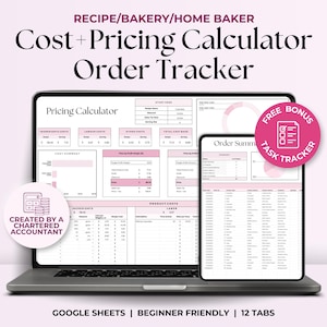 Calculadora de precios y costos de recetas, seguimiento de pedidos, plantilla de cálculo de costos de pasteles para empresas de panadería a domicilio, hojas de cálculo de precios de panadería de Google, seguimiento de ingredientes