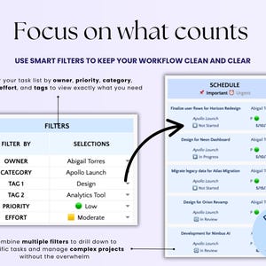 May include: A digital workflow interface with the text "Focus on what counts." The image shows a task list with filters for owner, category, priority, and effort. The text "Use smart filters to keep your workflow clean and clear" is also visible.