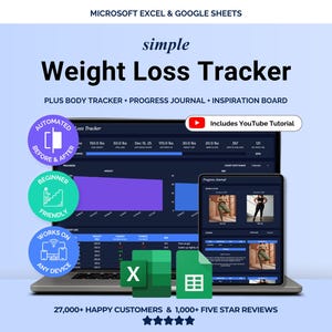 Weight Loss Tracker Spreadsheet Excel Google Sheets Digital Planner Body Measurement Log BMI Calculator Weight Management Vision Board