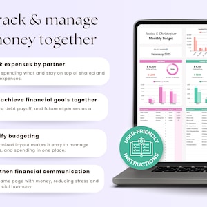Peut inclure: Un ordinateur portable affiche une interface de planification financi&egrave;re avec des graphiques et des tableaux. L'&eacute;cran montre un budget mensuel pour f&eacute;vrier 2025, avec le texte "Track & manage money together". L'image comprend &eacute;galement le texte "User-Friendly Instructions."