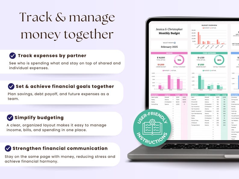Peut inclure: Un ordinateur portable affiche une interface de planification financi&egrave;re avec des graphiques et des tableaux. L'&eacute;cran montre un budget mensuel pour f&eacute;vrier 2025, avec le texte "Track & manage money together". L'image comprend &eacute;galement le texte "User-Friendly Instructions."