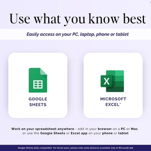 May include: A graphic with the text "Use what you know best" and "Easily access on your PC, laptop, phone or tablet." It features the Google Sheets and Microsoft Excel logos, with the text "GOOGLE SHEETS" and "MICROSOFT EXCEL".