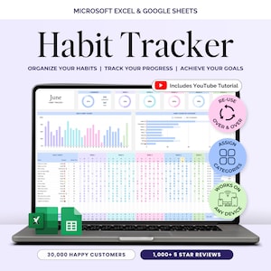 Feuille de calcul quotidienne hebdomadaire et mensuelle de suivi des habitudes Modèle de suivi des habitudes 2026 Feuilles de suivi des objectifs Google TDAH Planificateur d'habitudes imprimable Excel