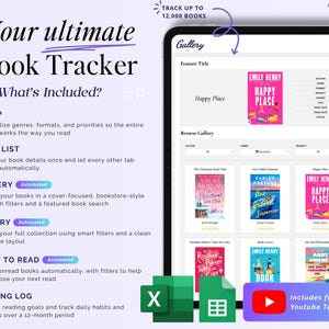 Book Tracker, pianificatore di elenchi di lettura, diario TBR di libri digitali, diario di revisione di Google Sheets, biblioteca Excel 2026, sfida di lettura, regalo per amanti dei libri immagine 2