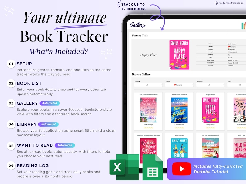Book Tracker, pianificatore di elenchi di lettura, diario TBR di libri digitali, diario di revisione di Google Sheets, biblioteca Excel 2026, sfida di lettura, regalo per amanti dei libri immagine 2