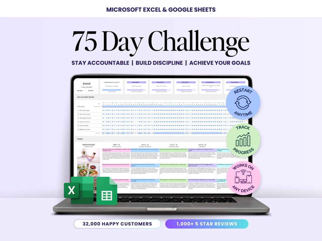 75 Day Challenge 75 Soft Challenge Spreadsheet Tracker Custom 75 Day ...