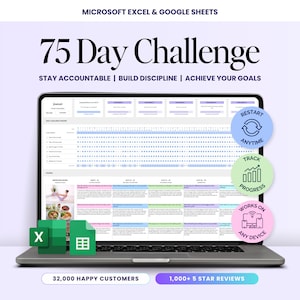 Könnte beinhalten: Ein Laptop mit einer "75 Day Challenge"-Tabelle, mit dem Text "75 Day Challenge" oben. Der Bildschirm zeigt einen Fortschritts-Tracker. Symbole zeigen die Möglichkeit zum Neustart, zur Fortschrittsverfolgung und zur Nutzung auf jedem Gerät.