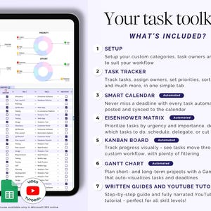 Seguimiento de tareas en Excel, Seguimiento de prioridades de tareas en Google Sheets, Lista de tareas pendientes, Matriz de Eisenhower, Tablero Kanban, Gestor de tareas de equipo, Calendario imagen 2