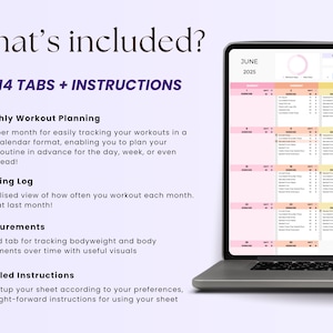 May include: A laptop displays a workout planner with a calendar format for monthly tracking, a training log, measurement tracking, and detailed instructions. The screen shows the month of June 2025. The text "What's included?" and "14 TABS + INSTRUCTIONS" are visible.
