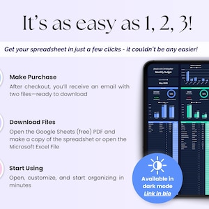 Peut inclure: Image avec le texte "It's as easy as 1, 2, 3!" et des instructions pour l'achat et l'utilisation d'une feuille de calcul. Une tablette affiche une feuille de calcul en mode sombre avec des graphiques et des donn&eacute;es. L'image comprend &eacute;galement un appel &agrave; l'action pour trouver le produit dans la bio.