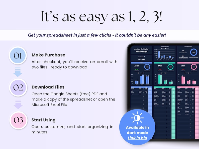 Peut inclure: Image avec le texte "It's as easy as 1, 2, 3!" et des instructions pour l'achat et l'utilisation d'une feuille de calcul. Une tablette affiche une feuille de calcul en mode sombre avec des graphiques et des donn&eacute;es. L'image comprend &eacute;galement un appel &agrave; l'action pour trouver le produit dans la bio.