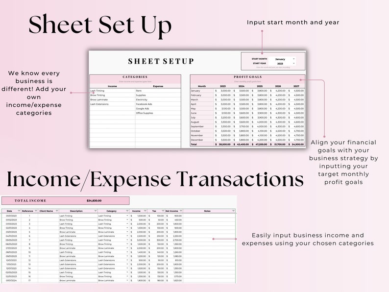 Easy Bookkeeping Spreadsheet Template for Beauty Business, Google Sheets Expense Tracker