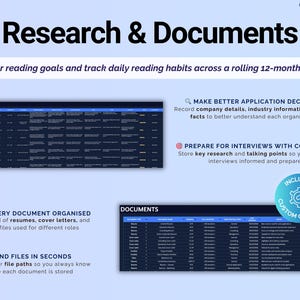May include: A light blue graphic with the text "Research & Documents." The graphic includes two spreadsheets labeled "Company Research" and "Documents." Additional text includes "Make Better Application Decisions" and "Prepare for Interviews with Confidence."