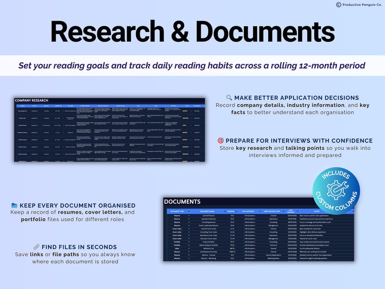May include: A light blue graphic with the text "Research & Documents." The graphic includes two spreadsheets labeled "Company Research" and "Documents." Additional text includes "Make Better Application Decisions" and "Prepare for Interviews with Confidence."
