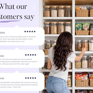 May include: A woman in a white t-shirt and blue jeans reaches into a pantry filled with glass jars and woven baskets. The pantry is organised with various dry goods. Text on the left reads "What our customers say."