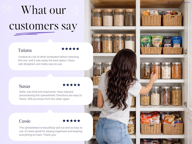 May include: A woman in a white t-shirt and blue jeans reaches into a pantry filled with glass jars and woven baskets. The pantry is organised with various dry goods. Text on the left reads "What our customers say."