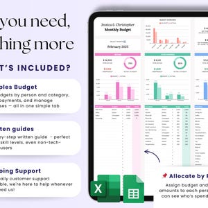 Peut inclure: Une tablette num&eacute;rique affiche un mod&egrave;le de budget mensuel pour les couples, avec des graphiques et des tableaux montrant les revenus, les d&eacute;penses et l'allocation budg&eacute;taire. Le texte "All you need, nothing more" est visible.
