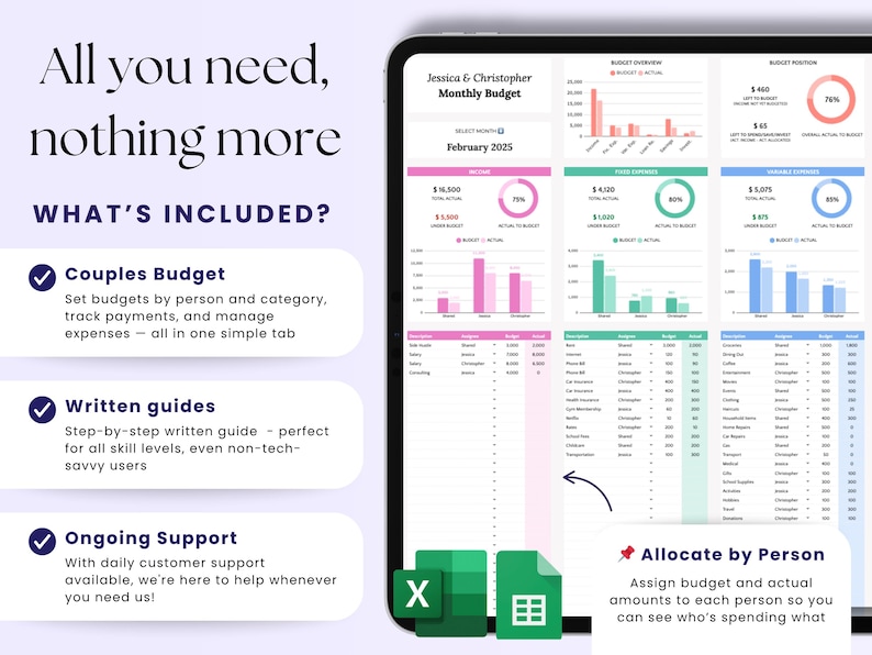 Peut inclure: Une tablette num&eacute;rique affiche un mod&egrave;le de budget mensuel pour les couples, avec des graphiques et des tableaux montrant les revenus, les d&eacute;penses et l'allocation budg&eacute;taire. Le texte "All you need, nothing more" est visible.