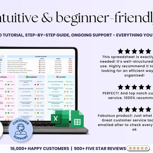 May include: A laptop displays a spreadsheet with a calendar and task list. The image includes the text "Intuitive & beginner-friendly" and "VIDEO TUTORIAL, STEP-BY-STEP GUIDE, ONGOING SUPPORT - EVERYTHING YOU NEED." Additional text includes customer reviews and icons for YouTube tutorial and customer support.