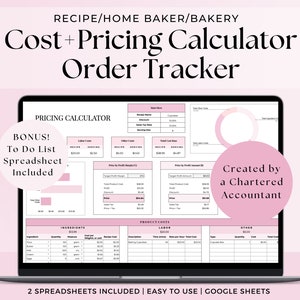 Recipe Cost and Pricing Calculator, Order Tracker Home Baker Business Cake Costing Template, Bakery Pricing Google Sheets, Ingredients Track