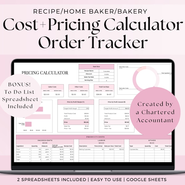 Recipe Cost and Pricing Calculator, Order Tracker Home Baker Business Cake Costing Template, Bakery Pricing Google Sheets, Ingredients Track