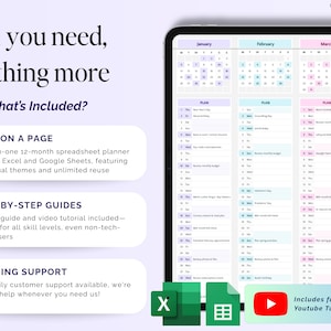 May include: A digital planner displayed on a tablet, featuring a calendar layout with pastel color-coded months. Text includes "All you need, nothing more" and "What's Included?" with details about the planner's features and a YouTube tutorial.