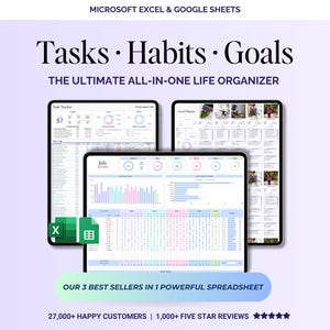 Task, Goal & Habit Tracker Spreadsheet | Productivity Planner, To Do List, Daily Organizer | Google Sheets and Excel Template