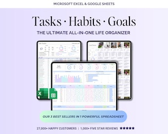 Task, Goal & Habit Tracker Spreadsheet | Productivity Planner, To Do List, Daily Organizer | Google Sheets and Excel Template