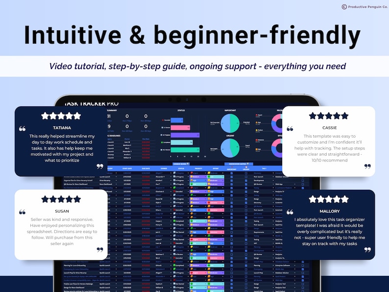 Puede incluir: Un rastreador de tareas digital que se muestra en una pantalla de tableta. La interfaz es azul oscuro con gr&aacute;ficos y datos coloridos. El texto dice "Intuitive & beginner-friendly" con rese&ntilde;as de clientes.