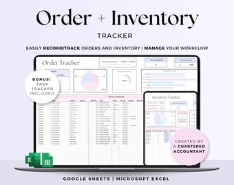 Foglio di calcolo per il monitoraggio degli ordini di inventario, modello di monitoraggio dei prodotti per Google Sheets Excel, registro di gestione delle scorte, strumento di monitoraggio per piccole imprese