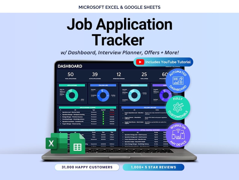 May include: A laptop displaying a job application tracker dashboard. The screen shows data visualizations and the text "Job Application Tracker" with "Dashboard, Interview Planner, Offers + More!" and "Includes YouTube Tutorial". Additional text includes "31,000 HAPPY CUSTOMERS" and "1,000+ 5 STAR REVIEWS".