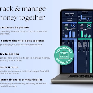 May include: A laptop displaying a financial dashboard with charts and data, promoting the ability to track expenses, set goals, and simplify budgeting. The screen shows a user-friendly interface with a green and blue color scheme. Text on the screen reads "Track & manage money together."