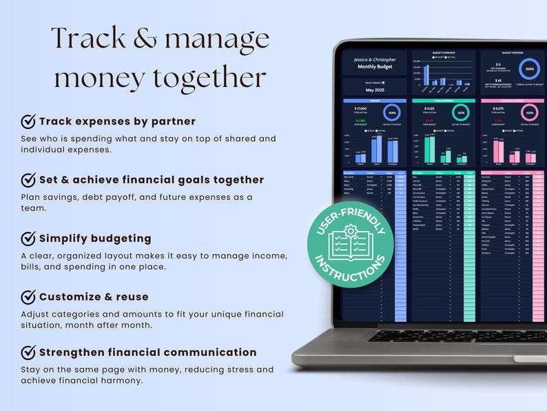 May include: A laptop displaying a financial dashboard with charts and data, promoting the ability to track expenses, set goals, and simplify budgeting. The screen shows a user-friendly interface with a green and blue color scheme. Text on the screen reads "Track & manage money together."