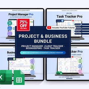 Könnte beinhalten: Ein digitales Produktpaket für Microsoft Excel und Google Sheets, einschließlich Project Manager Pro und Task Tracker Pro. Das Bild zeigt vier Bildschirme mit Softwareoberflächen, eine 75 % Rabatt-Aktion und den Text "Project & Business Bundle."